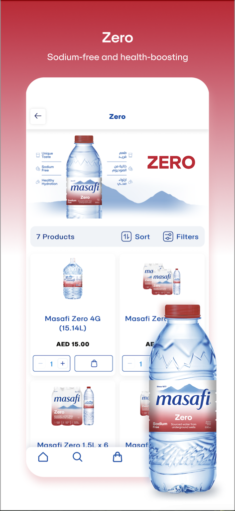 Masafi - Masafi app interface showing sodium free mineral water products from the Zero line.