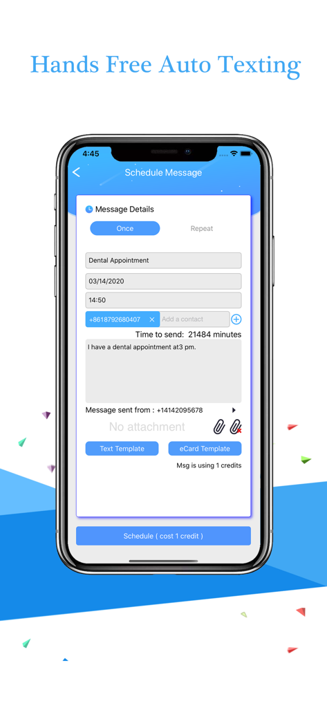 AutoSender Pro - Auto Texting - Interfaz de la aplicación AutoSender Pro que muestra la pantalla de programar mensaje para un recordatorio automatizado de cita dental