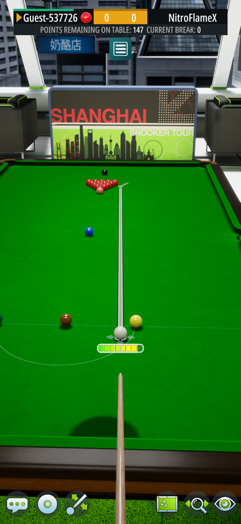 Jugabilidad 3D de Snooker Blitz en modo retrato mostrando la mesa del Shanghai Snooker Tour