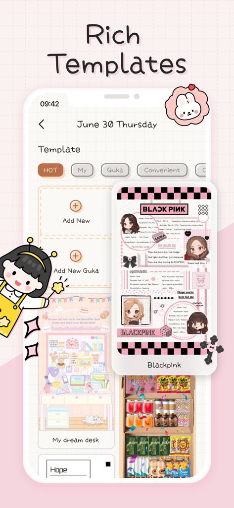 Mininote - Cute note and diary - Mininote app interface showing rich aesthetic templates for creative digital journaling.