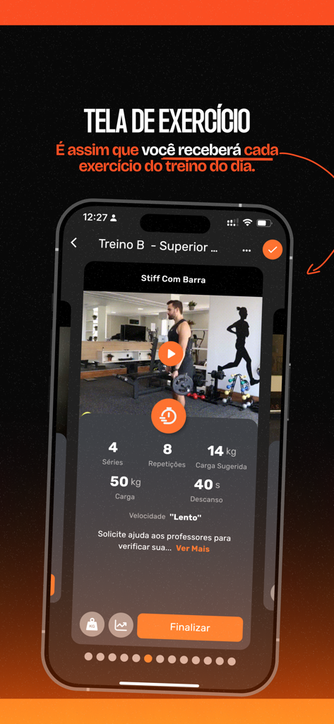 O Personal Digital - Um print da tela do aplicativo de fitness O Personal Digital mostrando um vídeo de exercício e estatísticas de treino como séries e repetições.