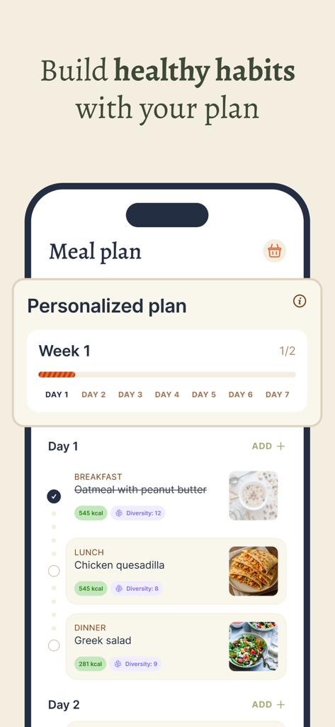 Forme Fasting Timer - Interface de l'application Forme montrant un plan de repas hebdomadaire personnalisé avec des comptes de calories et des informations sur les macros pour les repas quotidiens