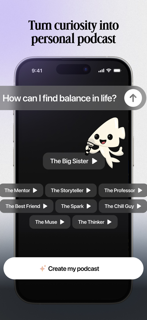 BeFreed app interface for creating a personal podcast with selectable character personas