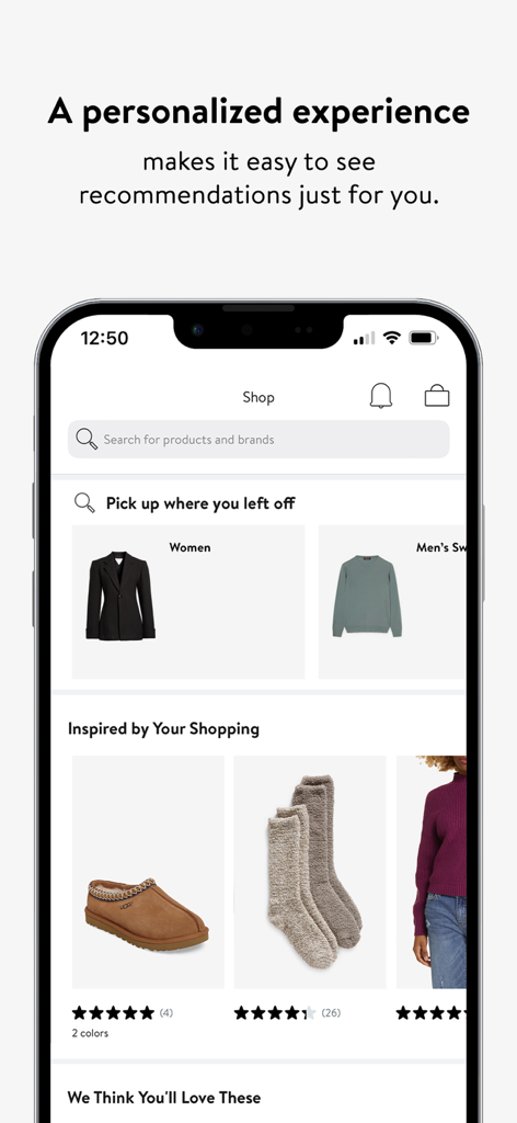 Nordstrom app interface showing personalized fashion recommendations and shopping history.