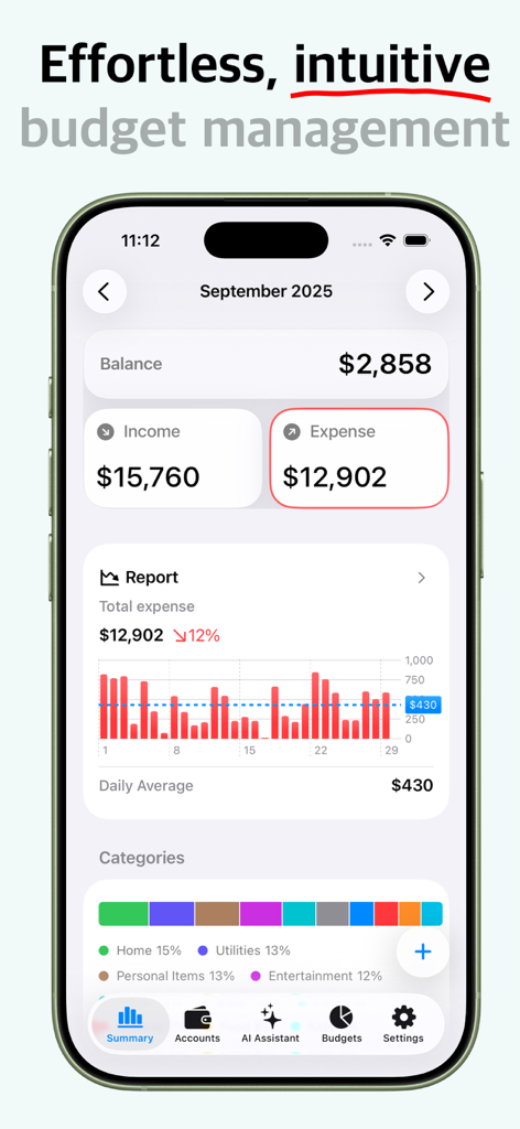 Panel de resumen de la aplicación Mona Money Tracker que muestra el saldo, los ingresos, los gastos y un gráfico de barras de gastos diarios en un iPhone