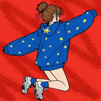 realistic girl jumping with a bun and oversized sweatshirt