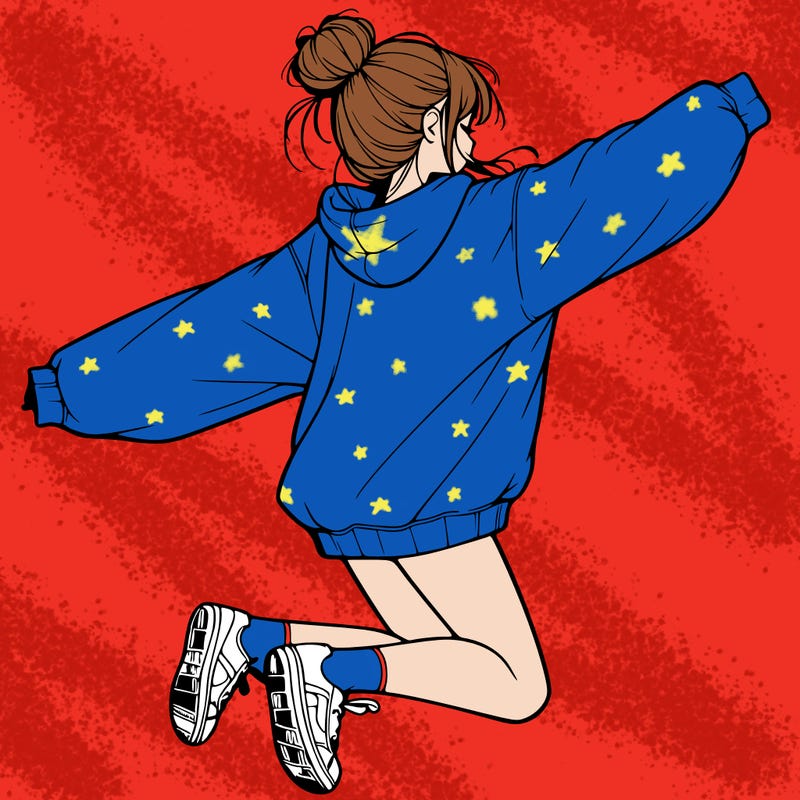 realistic girl jumping with a bun and oversized sweatshirt