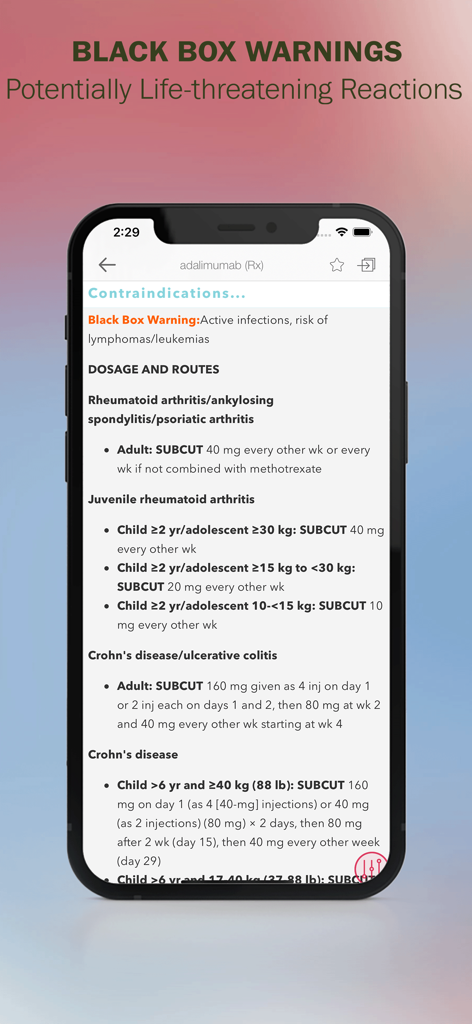 Interface do aplicativo Referência de Medicamentos de Enfermagem Mosby mostrando alertas de caixa preta e instruções de dosagem de medicamentos