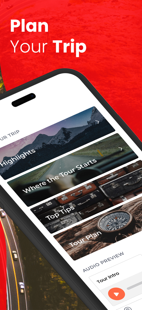 GuideAlong | GPS Audio Tours - A mobile screen showing trip planning features in the GuideAlong app including highlights and tour info