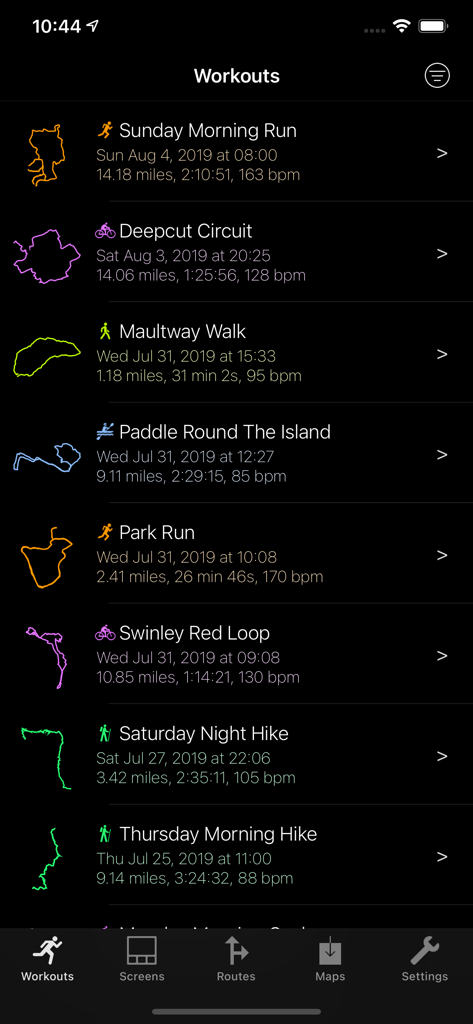 距離、時間、心拍数、GPSトラックが表示されているWorkOutDoorsアプリの完了したワークアウトのリスト