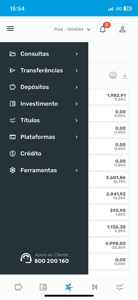 Sidebar navigation menu of the Banco Invest Homebanking mobile app showing financial service options.
