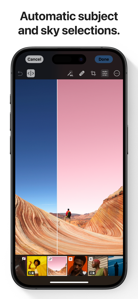 Photomator – Photo Editor - 風景写真でAIによる自動空と被写体選択機能が表示されたスマートフォンにPhotomatorアプリが表示されています。