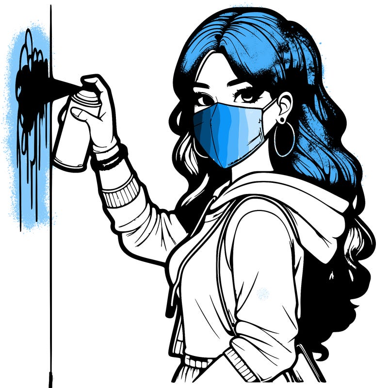 realistic girl with mask spray painting a wall