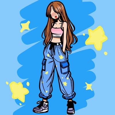 girl in baggy pants crop top and long hair