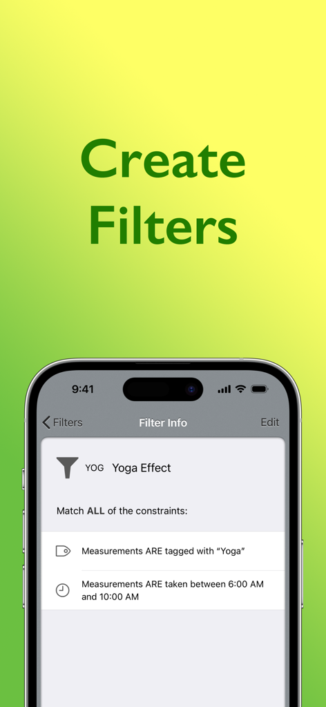 Blood Pressure: Tracker - Interface of the Blood Pressure Tracker app showing how to create filters based on tags and time