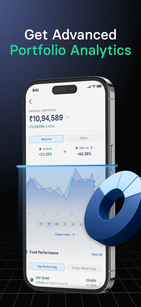 INDmoney - NRI Investing App - Interfaccia dell'app di investimento INDmoney NRI che mostra analisi avanzate del portafoglio e grafici di performance degli investimenti rispetto al Nifty 50.