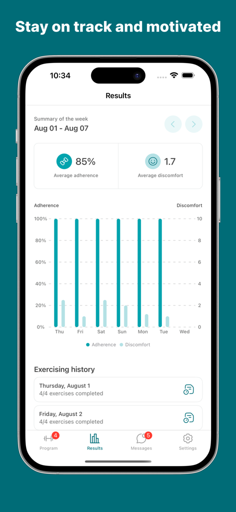 Vita-Health - Painel de resultados do aplicativo móvel Vita Health mostrando adesão semanal e métricas de desconforto para recuperação de fisioterapia