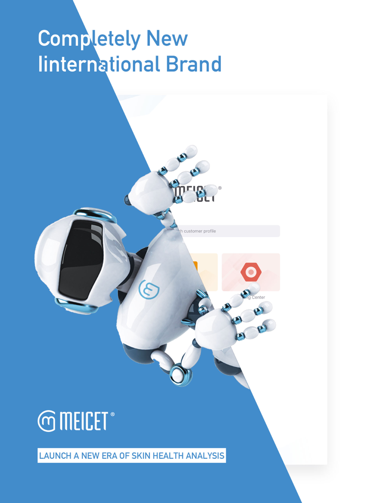 Meicet brand promotional image for professional skin health analysis featuring a futuristic robot