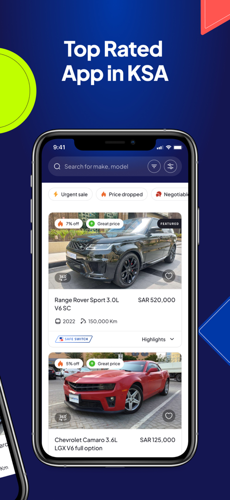 CarSwitch mobile app displaying used car listings in Saudi Arabia with price drops and certified inspection badges