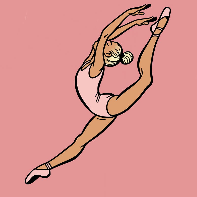gymnast doing a leap in a leotard with a bent back leg