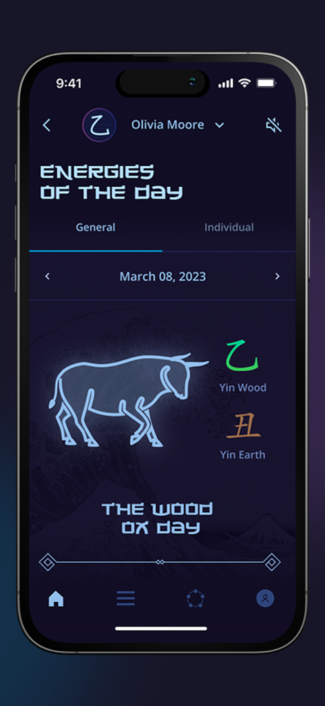 Screenshot of the TSI Bazi astrology app displaying the energies of the day for a Wood Ox day with Yin Wood and Yin Earth symbols.