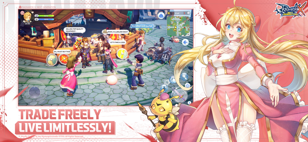 Personnages d'anime interagissant dans un marché en jeu avec le texte Échangez librement, vivez sans limites.