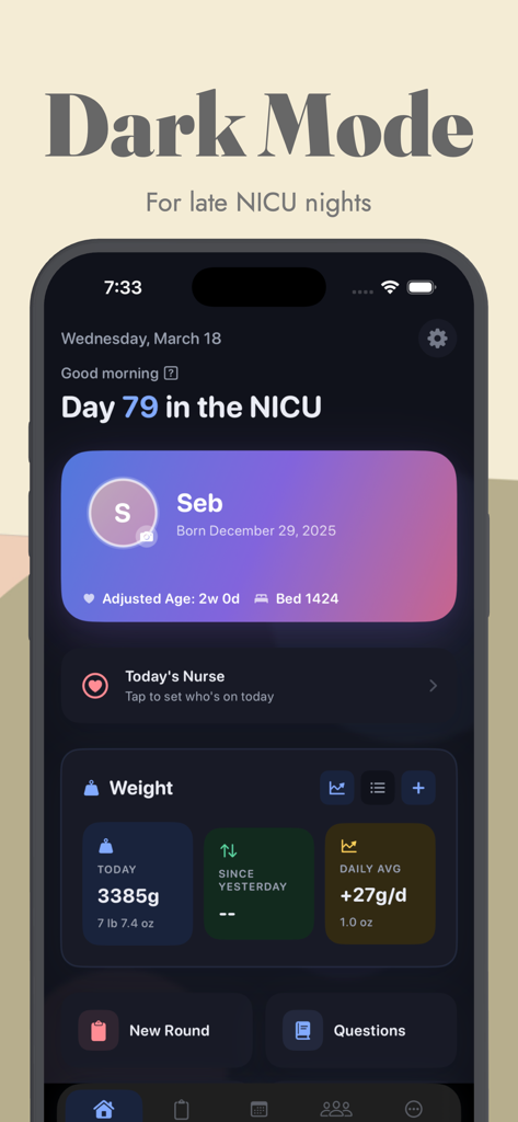 Roo: A NICU Companion App - Interfaz de la aplicación complementaria Roo UCIN en modo oscuro que muestra estadísticas de seguimiento del peso del bebé y progreso diario