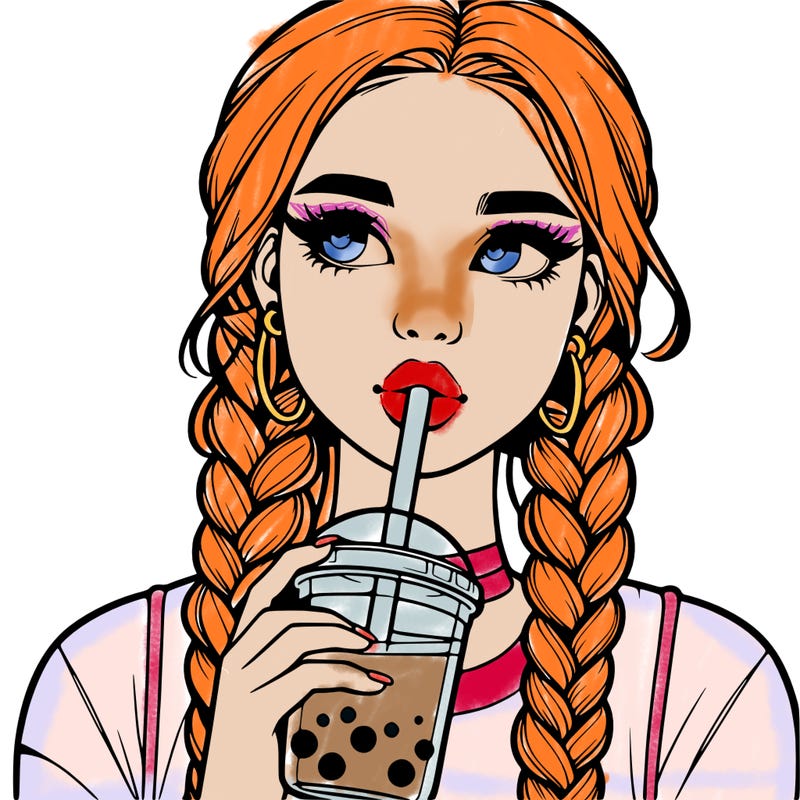 realistic girl with braided hair drinking boba