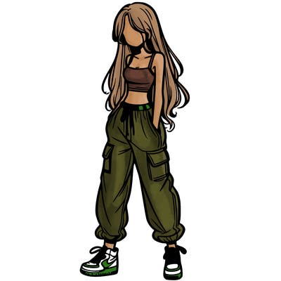 girl in baggy pants crop top and long hair