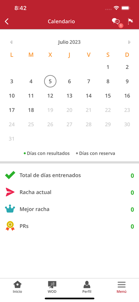 Aplicación Red Grizzly CrossFit mostrando un calendario de entrenamiento con rachas de entrenamiento mensuales y estadísticas de récords personales