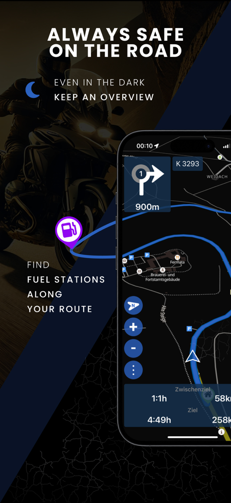 Kurviger Motorcycle Navigation - Kurviger motorcycle navigation app in night mode showing fuel station locations
