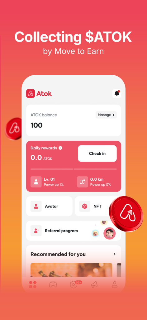 ATOK - ATOK mobile app dashboard showing token balance and move to earn rewards interface