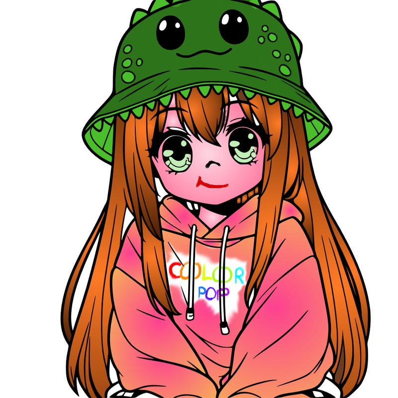 girl with anime shaped eyes with a dinosaur bucket hat oversized sweatshirt long straight hair