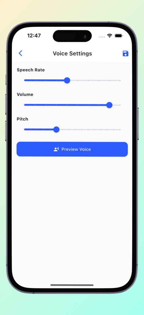 음성 속도, 볼륨, 피치에 대한 슬라이더와 미리보기 음성 버튼이 있는 음성 설정 화면