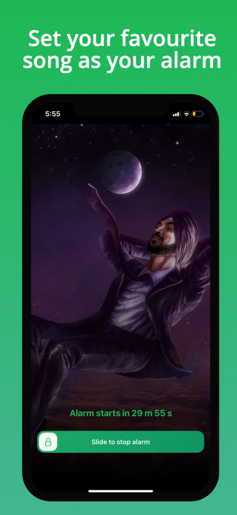 Mobile app screen showing a Spotify song configured as a morning alarm