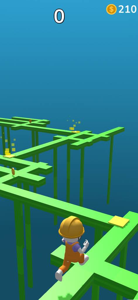 Run parkour games obby world - A character in orange overalls running on a green elevated path in an obby parkour game