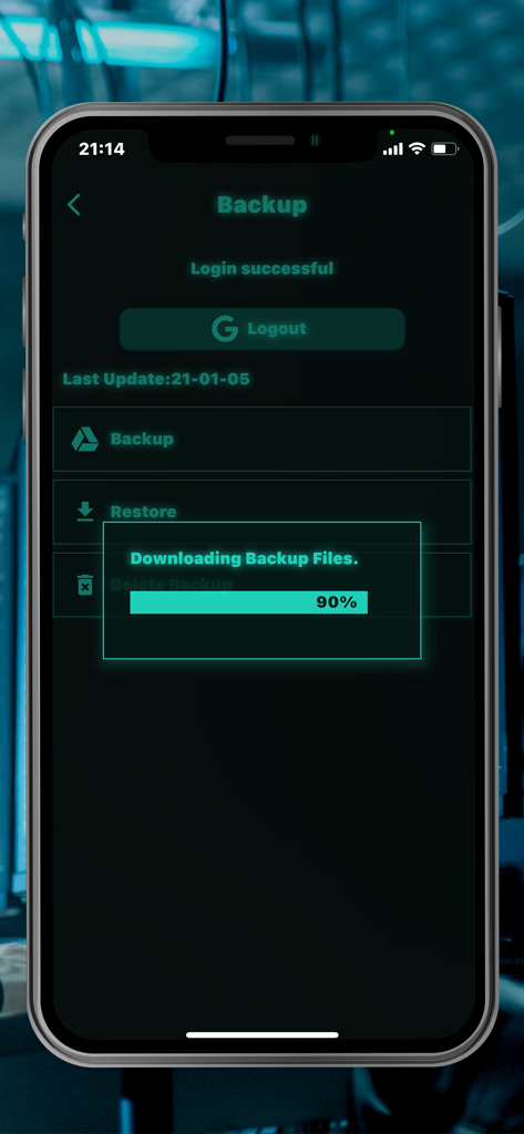 Hacker Note app backup screen with a green matrix theme showing ninety percent download progress.