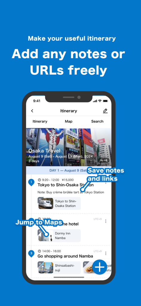 AVA Travel : AI Trip Planner - Interfaccia dell'app AVA Travel che mostra un itinerario personalizzato di Osaka con note e funzionalità di navigazione della mappa