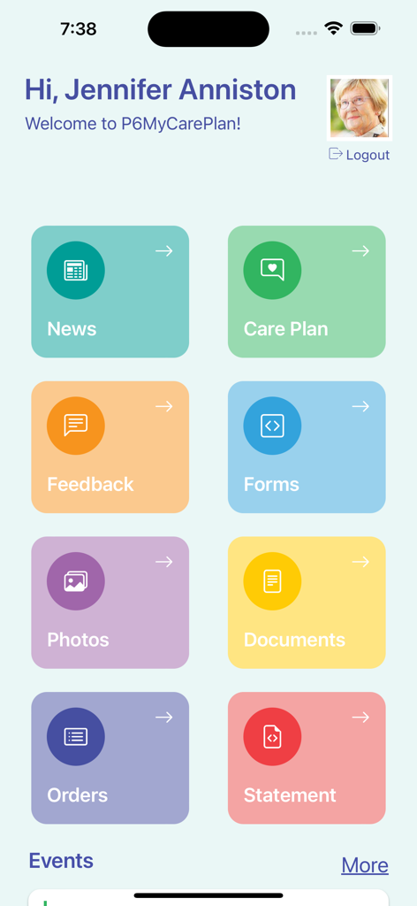 Dashboard of Leecare P6MyCarePlan app featuring news care plan photos and documents tiles