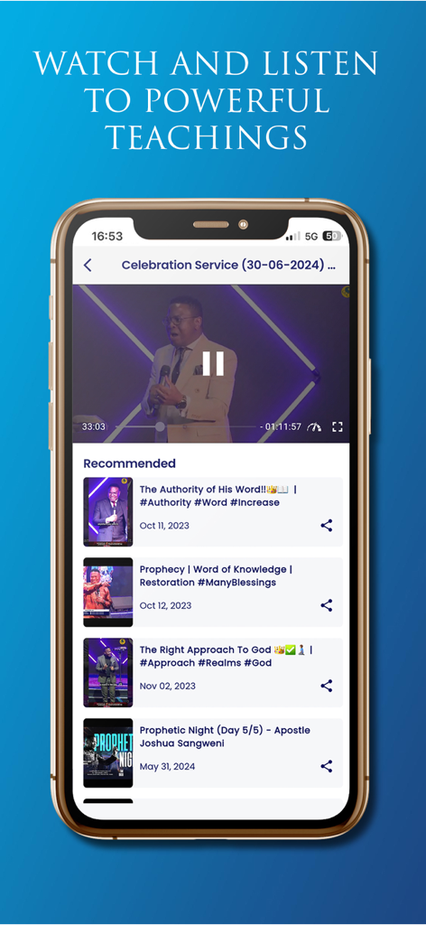 Smartphone screen showing religious video teachings and recommended sermons on the Joshua Sangweni app
