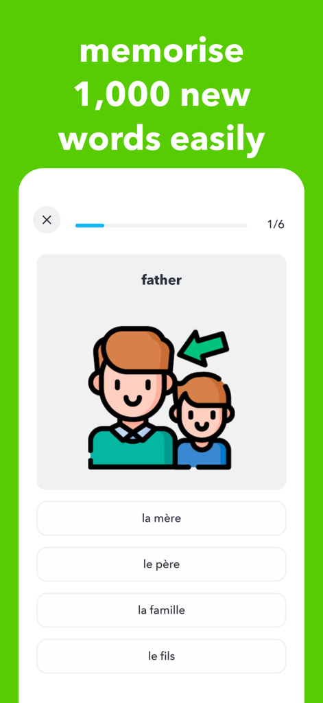 Learn & Speak English Language - English learning app interface showing a visual flashcard for the word father with multiple choice translation options