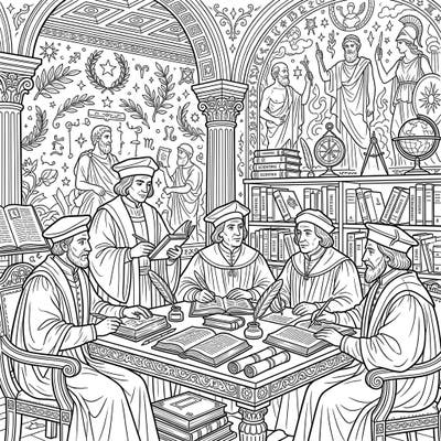 Step back in time to the intellectual awakening of the Renaissance with this captivating coloring page featuring renowned humanists. Immerse yourself in a world of ancient wisdom, classical studies, and profound thought as you bring this scholarly scene to life with your colors.