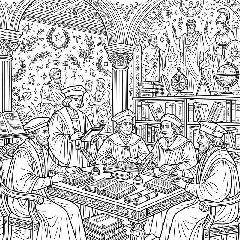 Step back in time to the intellectual awakening of the Renaissance with this captivating coloring page featuring renowned humanists. Immerse yourself in a world of ancient wisdom, classical studies, and profound thought as you bring this scholarly scene to life with your colors.