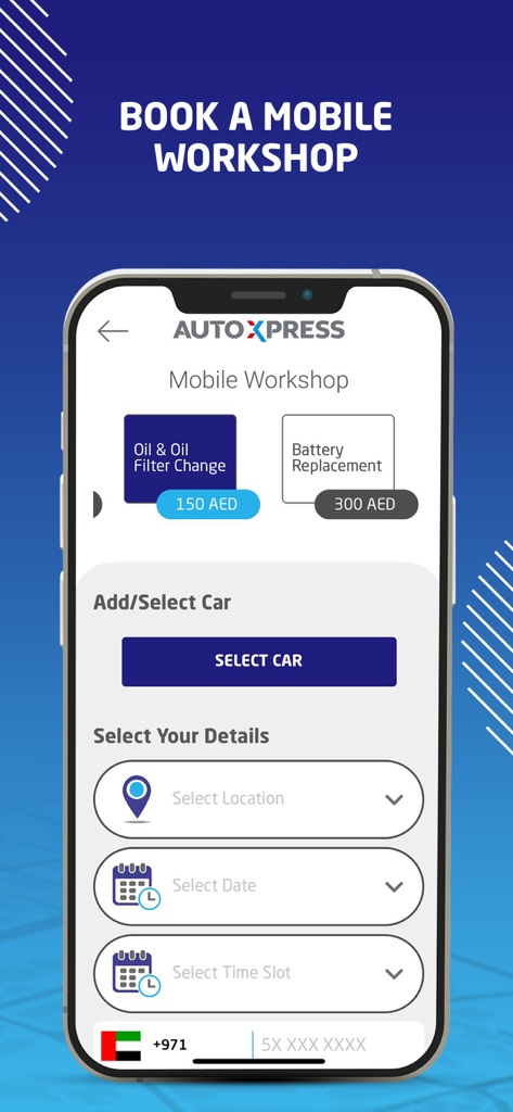 Rafid - Interfaz de la aplicación Rafid para reservar un servicio de coche móvil que incluye cambio de aceite y reemplazo de batería