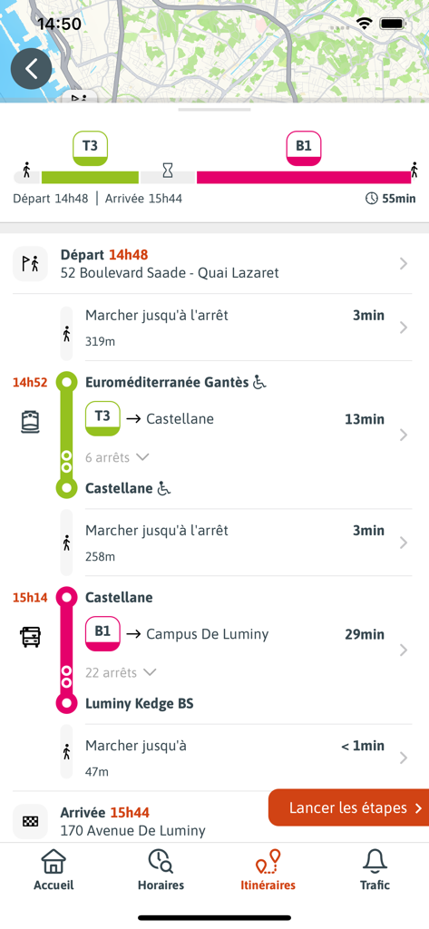 RTM - Capture d'écran de l'application RTM montrant un itinéraire de transport étape par étape à Marseille avec les indications de tram et de bus.