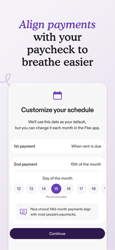 Flex - Rent On Your Schedule - Tela do aplicativo móvel mostrando opções para personalizar datas de pagamento de aluguel alinhadas com os contracheques