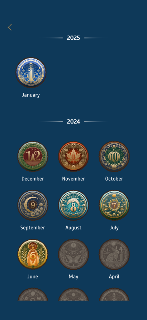 Cryptogram: Word Puzzle Master - A gallery of ornate monthly achievement badges for the years 2024 and 2025 in the Cryptogram app