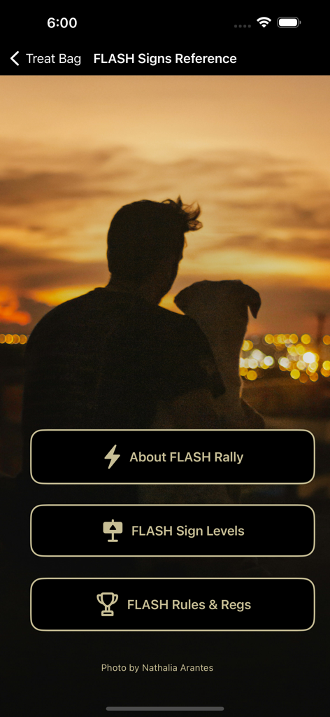 WCRL® Rally Dog Obedience - WCRL Rally Dog Obedience app FLASH Signs Reference menu showing buttons for rules levels and info