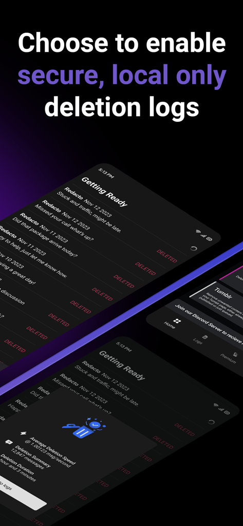 Redact Privacy app screen displaying secure local deletion logs and mass content removal summary.
