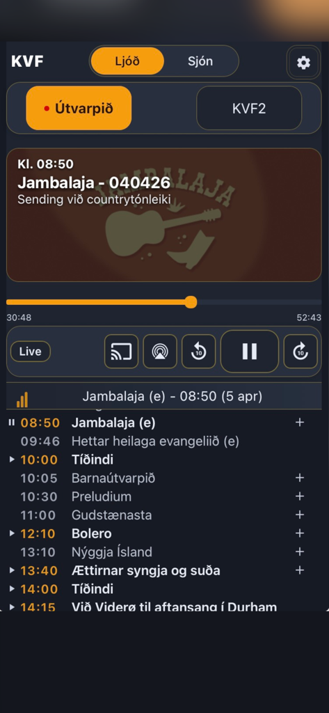 KVF live - Interface of the KVF live app showing a Faroese radio stream with playback controls and a daily schedule